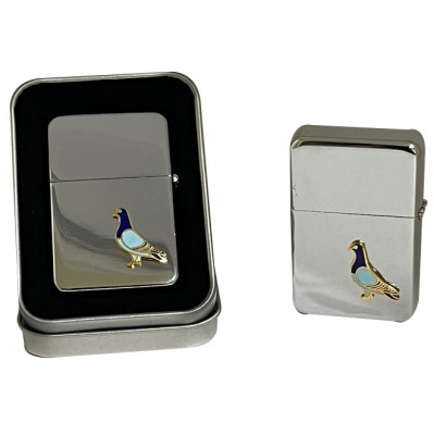 Chrome Lighter with Enamel Pigeon in Tin Case