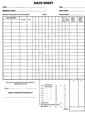 Race/Bird Entry Sheets A4 size - Loose / Pack of 50